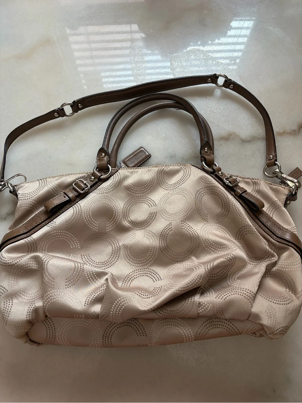 Coach Beige Signature Quilted Satchel with Brown Leather Trim